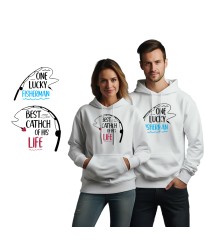 Funny One Lucky Fisherman Best Catch Of His Life Personalised Matching Couple Printed Adult Unisex Pullover Hoodie